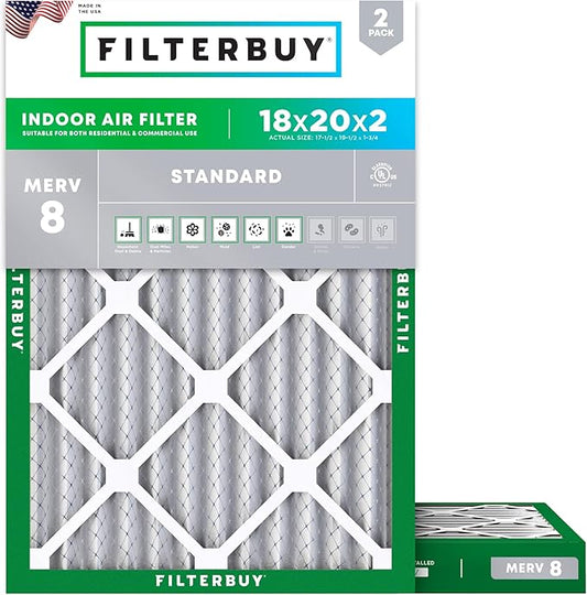 Filterbuy 18x20x2 Air Filter MERV 8 Essential Dust & Allergy Defense (2-Pack), Electrostatic Pleated HVAC AC Furnace Filters Replacement, Made in USA (Actual Size: 17.50 x 19.50 x 1.75)