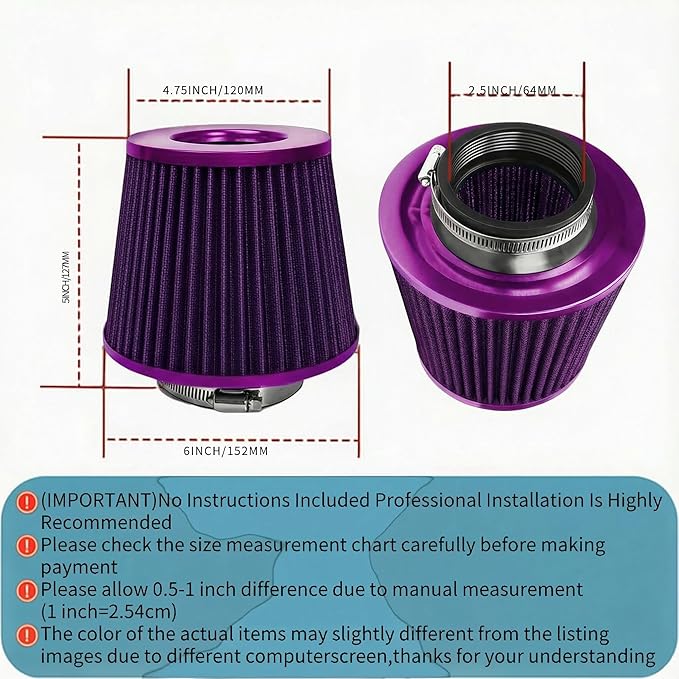 Universal Clamp-On Air Intake Filter, High Performance, Washable Filter, Replacement Air Filter, Flange Diameter 2.5inch/64mm (Purple)