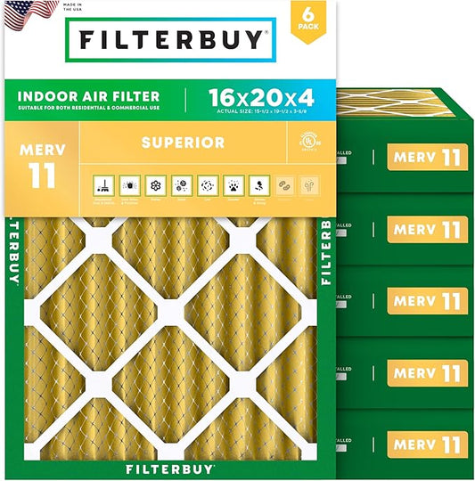 Filterbuy 16x20x4 Air Filter MERV 11 Superior Pet & Allergy Defense (6-Pack), Electrostatic Pleated HVAC AC Furnace Filters Replacement, Made in USA (Actual Size: 15.50 x 19.50 x 3.63)