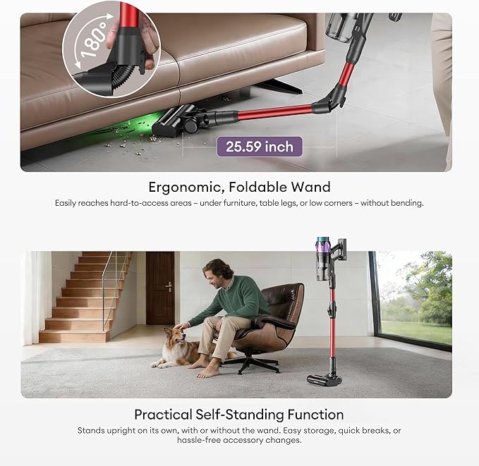 Ultenic Cordless Vacuum Cleaner, 55KPA/650W/80Mins Cordless Vacuum with Bendable Tube, Self-Standing Stick Vacuum, Touch Screen, Anti-Tangle Brush, Vacuum Cleaners for Home/Pet Hair/Carpets