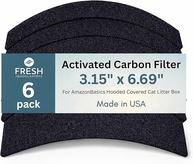 Fresh Headquarters 6-Pack Cat Litter Box Filter Replacement – 3.15"x6.69" Activated Carbon Charcoal Filter | Premium Filters for AmazonBasics Hooded Covered Cat Litter Box | Made in USA