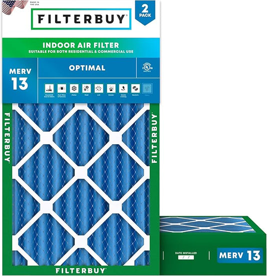 Filterbuy 14x25x4 Air Filter MERV 13 Optimal Smoke & Allergy Defense (2-Pack), Electrostatic Pleated HVAC AC Furnace Filters Replacement, Made in USA (Actual Size: 13.88 x 24.88 x 3.63)