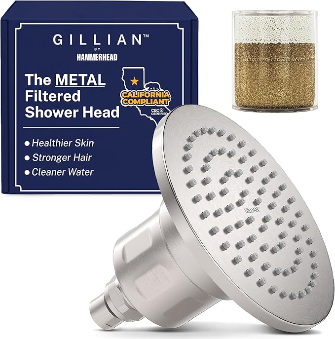 Gillian™ by HammerHead High Pressure Shower Head with Filter – Genuine KDF-55 Filtered Shower Head for Hard Water, Healthier Skin & Hair – Metal 6-Inch Rainfall Showerhead with Filters, Brushed Nickel