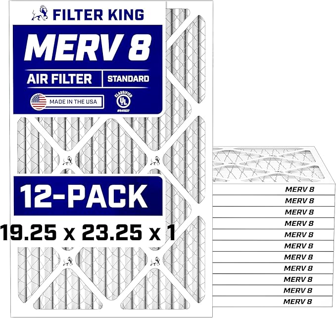 Filter King 19.25x23.25x1 Air Filter (MERV 8) (12-Pack) Dust & Allergy Control AC Furnace Filters, MADE IN USA, HVAC, Pleated, Electrostatic (Actual Size: 19.25 x 23.25 x .75)