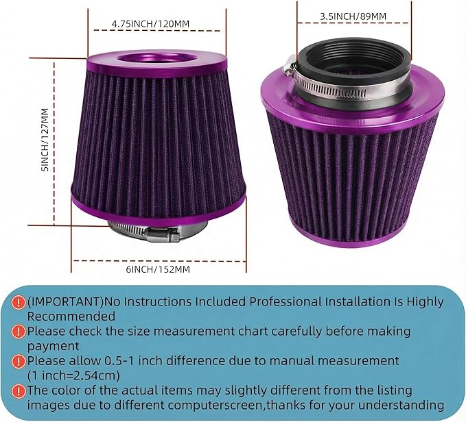 Universal Clamp-On Air Intake Filter, High Performance, Washable Filter, Replacement Air Filter, Flange Diameter 3.5inch/89mm (Purple)