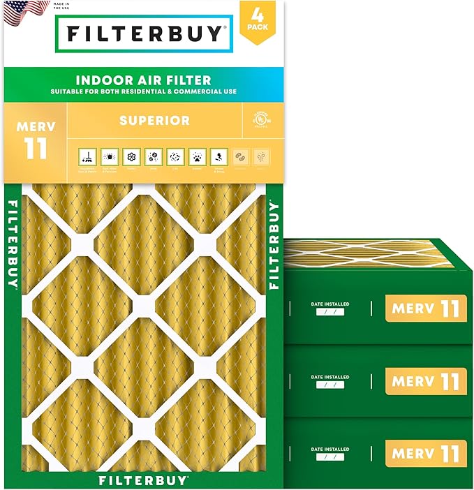 Filterbuy 20x30x4 Air Filter MERV 11 Superior Pet & Allergy Defense (4-Pack), Electrostatic Pleated HVAC AC Furnace Filters Replacement, Made in USA (Actual Size: 19.50 x 29.50 x 3.63)