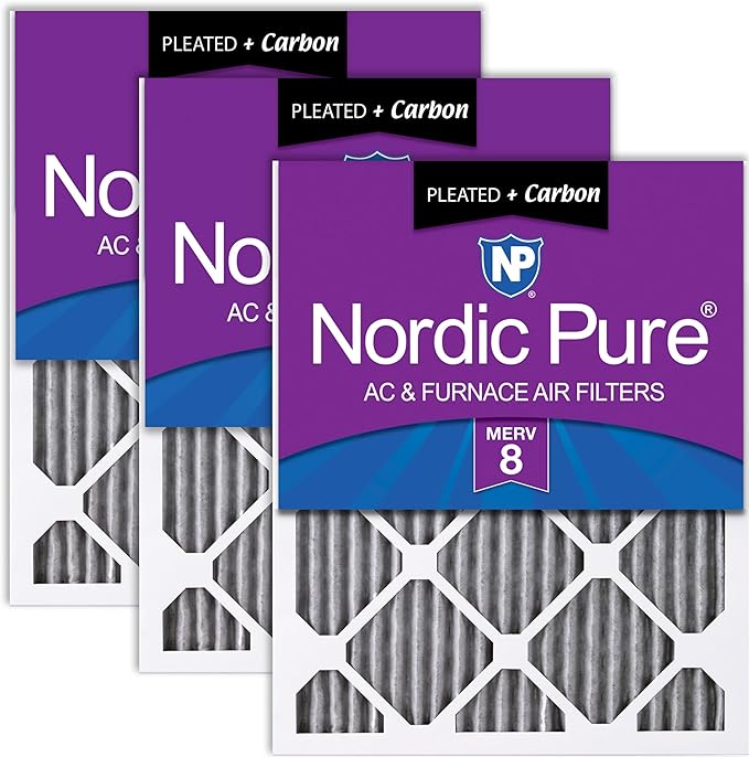 Nordic Pure 12x24x1 (Actual Size: 11 1/2 x 23 1/2 x 3/4) Furnace Air Filters MERV 8 Pleated Plus Carbon 3 Pack