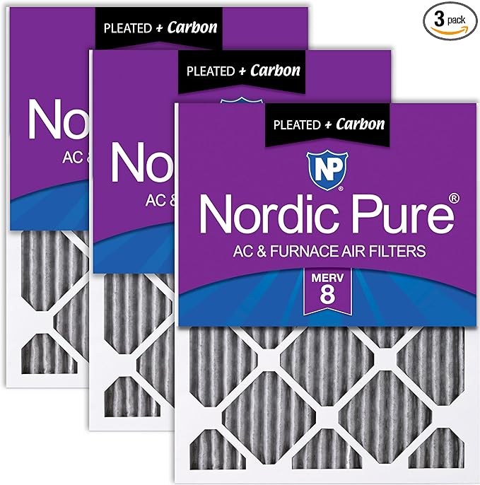 Nordic Pure 16x20x1 (Actual Size: 15 1/2 x 19 1/2 x 3/4) Furnace Air Filters MERV 8 Pleated Plus Carbon 3 Pack