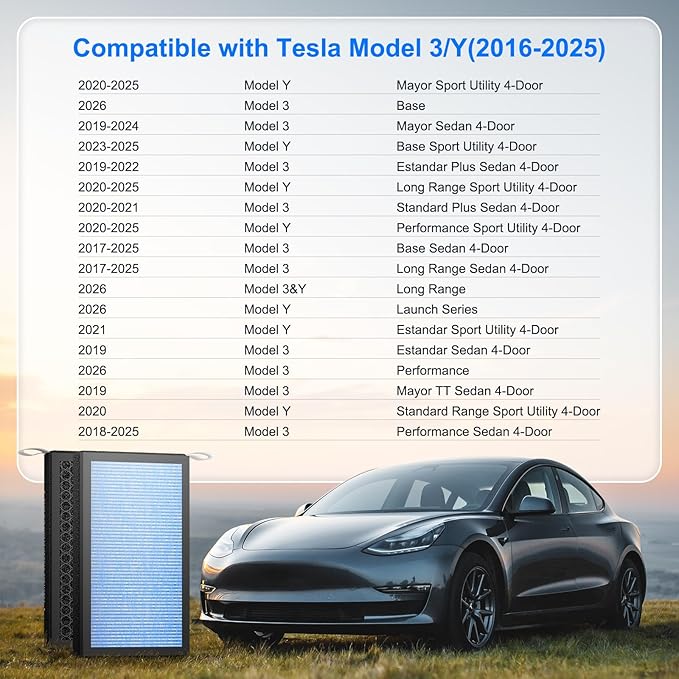 Model 3 Model Y Cabin Air Filter Accessories for Tesla Model 3/Y 2016-2024/2025/2026 Including Juniper Highland Series, 3-in-1 Filtration System True HEPA & Activated Carbon, 2 Pack