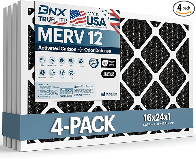 BNX TruFilter 16x24x1 MERV 12 Odor Defense (4-Pack) AC Furnace Air Filter with Activated Carbon - MADE IN USA - Pleated Air Conditioner HVAC AC Furnace Filters - Removes Odor, Mold, Bacteria, Smoke