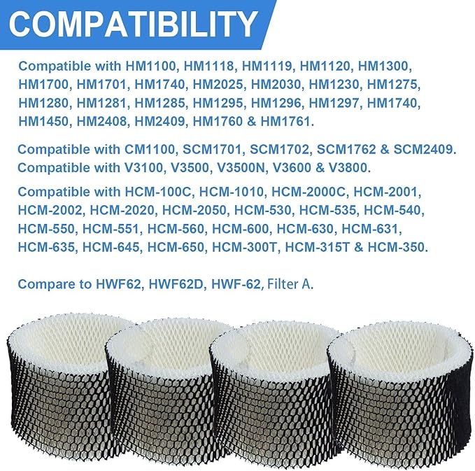 4-Pack HWF62 Humidifier Replacement Filter Fit for Holmes - Letter A, Filters Compatible with Holmes, Sunbeam and Bionaire Cool Mist Humidifiers