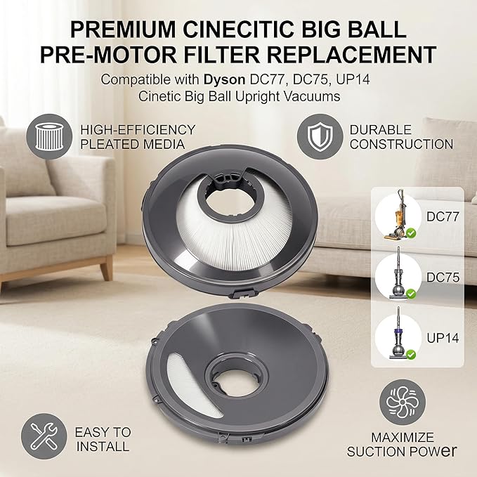 2 Pack Filter Replacement Compatible with Dyson Cinetic Big Ball DC77 DC75 UP14, Pre-Motor Filter 966516-01 966977-01, Washable Reusable Foam Dust Filter
