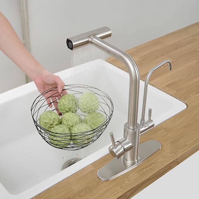 Kitchen Faucets with Water Filter and Pull Down Sprayer,Waterfall Kitchen Sink Faucet,Two Handle Sink Faucet with Pull Down Sprayer for 3 Function,Without Water Filtration Device,Brushed
