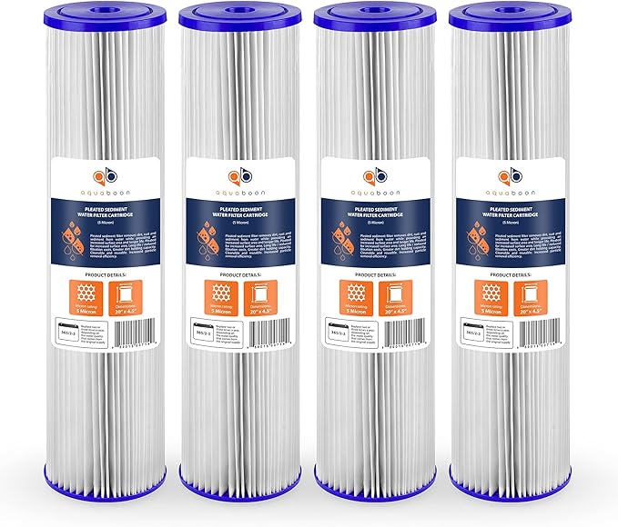 Aquaboon 5 Micron 20 x 4.5 Whole House Pleated Water Sediment Filter Replacement Water Filter Cartridge Compatible with ECP5-20BB, SPC-45-2005, 4-Pack