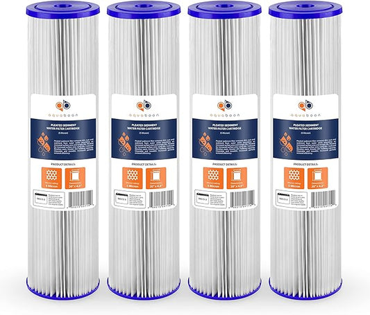 Aquaboon 5 Micron 20 x 4.5 Whole House Pleated Water Sediment Filter Replacement Water Filter Cartridge Compatible with ECP5-20BB, SPC-45-2005, 4-Pack