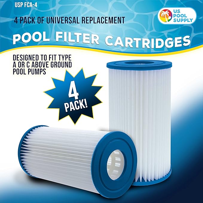 U.S. Pool Supply 4 Pack of Universal Replacement Filter Cartridges, Type A or C - Compatible with Above Ground Swimming Pool Pumps Using Type A or C Filters - Provides Premium Clean Water Filtration