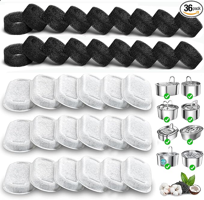 Cat Water Fountain Filters, 36 Pack Replacement Filters for 108oz/3.2L& 67oz/2L Stainless Steel Dog Water Fountain
