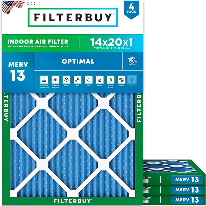 Filterbuy 14x20x1 Air Filter MERV 13 Optimal Smoke & Allergy Defense (4-Pack), Electrostatic Pleated HVAC AC Furnace Filters Replacement, Made in USA (Actual Size: 13.50 x 19.50 x 0.75)