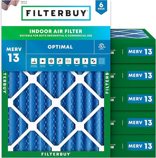 Filterbuy 18x20x4 Air Filter MERV 13 Optimal Smoke & Allergy Defense (6-Pack), Electrostatic Pleated HVAC AC Furnace Filters Replacement, Made in USA (Actual Size: 17.50 x 19.50 x 3.63)