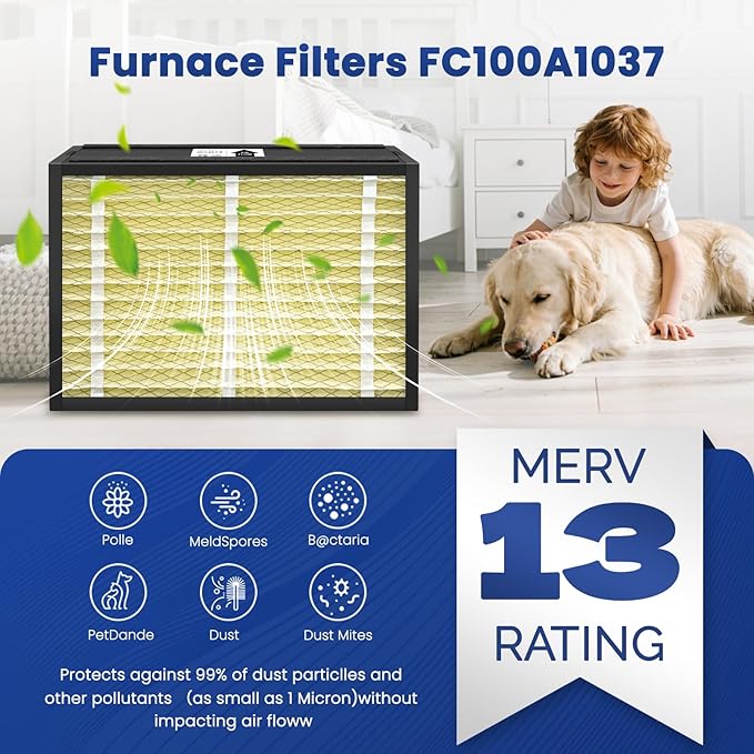 1-Pack 20x25x5 Air Filter MERV 13 Superior Pet & Allergy Defense, Pleated HVAC AC Furnace Filters Compatible with Honeywell FC100A1037 and More (Actual Size: 19.88 x 24.75 x 4.38inch)