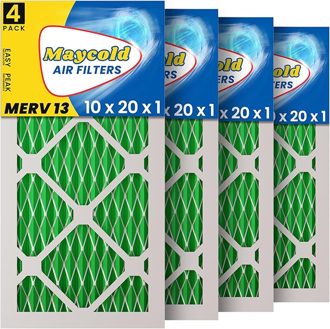 Maycold MERV 13 10x20x1 Air Filter (4-Pack), High-Efficiency Pleated AC & Furnace Filters, Actual Size: 9.70” x 19.70” x 0.75”, Individually Wrapped in Plastic