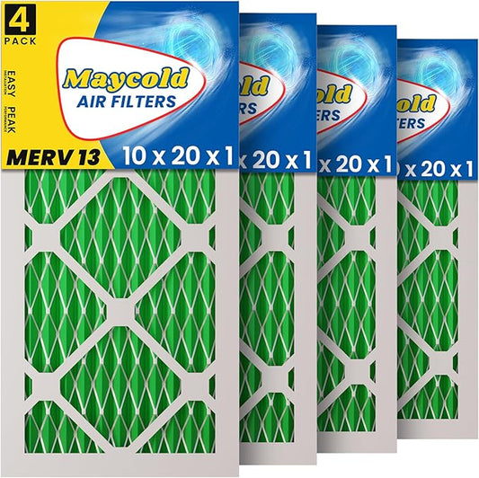 Maycold MERV 13 10x20x1 Air Filter (4-Pack), High-Efficiency Pleated AC & Furnace Filters, Actual Size: 9.70” x 19.70” x 0.75”, Individually Wrapped in Plastic