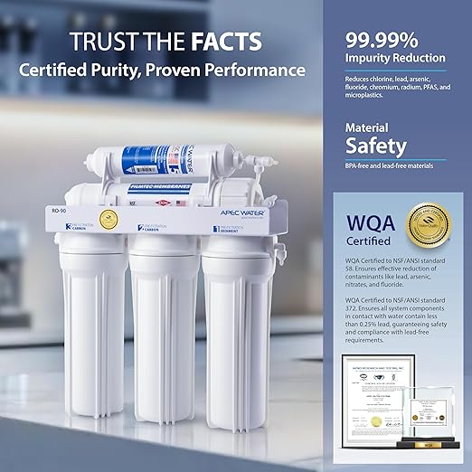 APEC Water RO-90, 5-Stage Under Sink Reverse Osmosis Water Filter System, NSF Certified 372 & 58, 90 GPD, Reduces 99% of Impurities