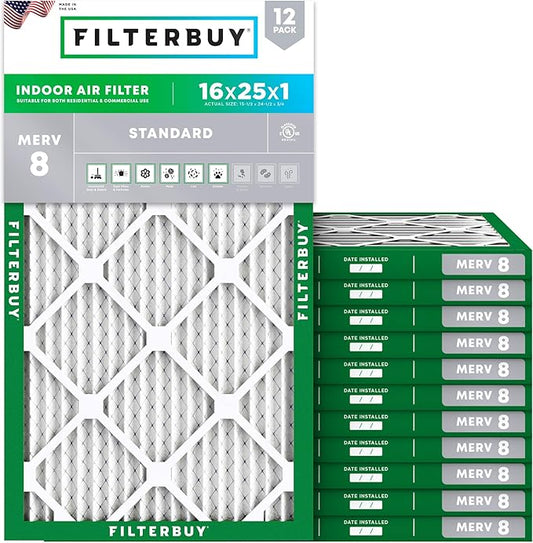Filterbuy 16x25x1 Air Filter MERV 8 Essential Dust & Allergy Defense (12-Pack), Electrostatic Pleated HVAC AC Furnace Filters Replacement, Made in USA (Actual Size: 15.50 x 24.50 x 0.75)