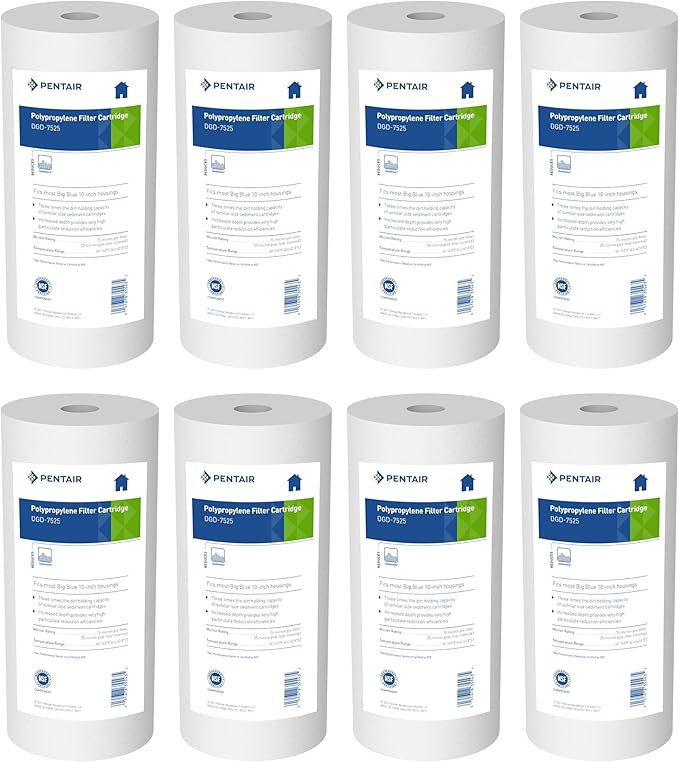 Pentair Pentek DGD-7525 Big Blue Sediment Water Filter, 10-Inch, Whole House Dual-Gradient Density Spun Polypropylene Replacement Cartridge, 10" x 4.5", 25 Micron, Pack of 8