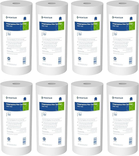 Pentair Pentek DGD-7525 Big Blue Sediment Water Filter, 10-Inch, Whole House Dual-Gradient Density Spun Polypropylene Replacement Cartridge, 10" x 4.5", 25 Micron, Pack of 8