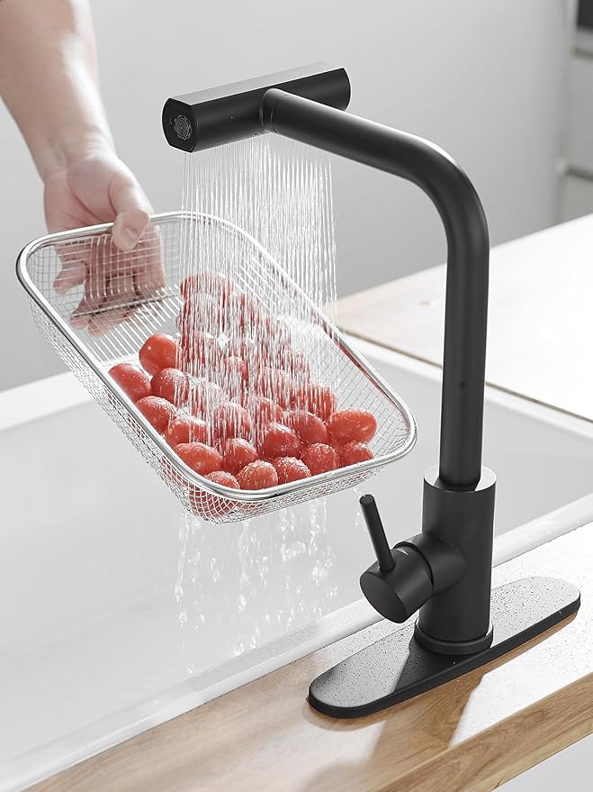 Black Kitchen Faucets with Pull Down Sprayer,Waterfall Kitchen Sink Faucet with Soap Dispenser,Utility Stainless Steel Kitchen Faucet,Single Handle Kitchen Faucet with Pull Down Sprayer for 3 Function