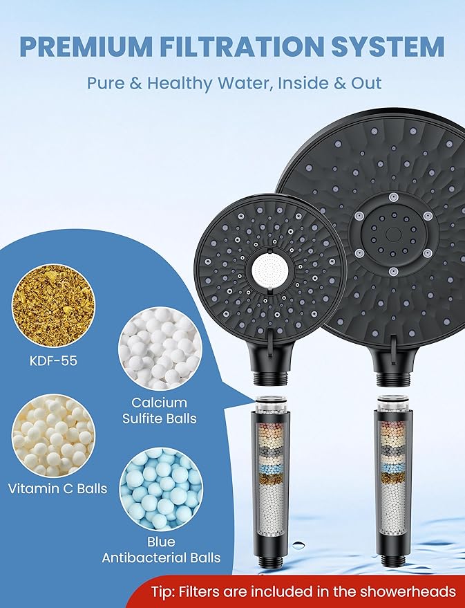 Magichome Rain/Rainfall Shower Head Filtered Handheld Combo with Large Arm, High Pressure 10 Spray Modes, Stainless Steel Hose, Water Softener Beads for Hard Water & Chlorine Removal, Matte Black