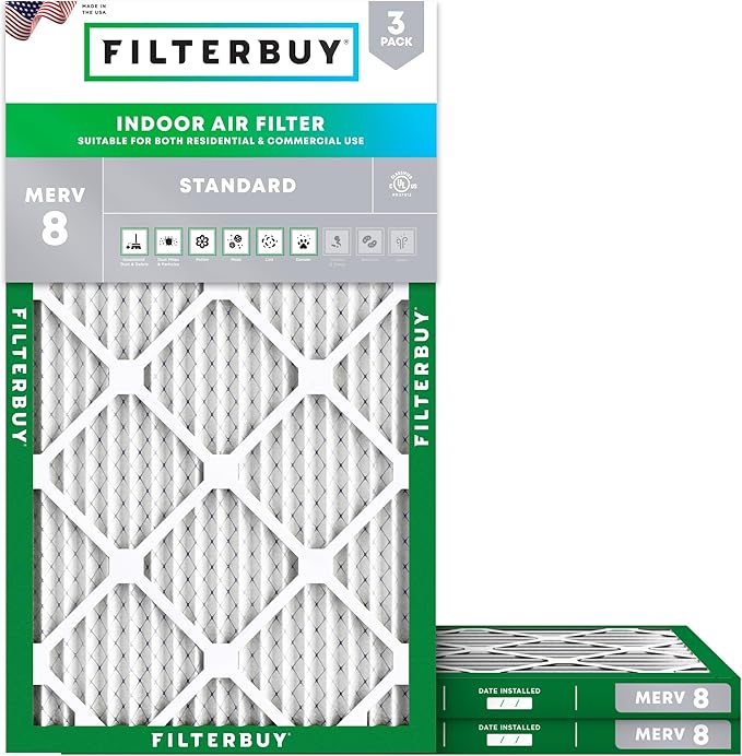 Filterbuy 13x24x1 Air Filter MERV 8 Essential Dust & Allergy Defense (3-Pack), Electrostatic Pleated HVAC AC Furnace Filters Replacement, Made in USA (Actual Size: 13.00 x 24.00 x 0.75)