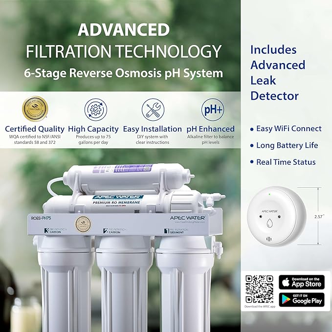 APEC Water ROES-PH75LD 6-Stage Alkaline Under Sink Reverse Osmosis Water Filter System, NSF Certified 372, 75 GPD, Reduces 99% of Impurities