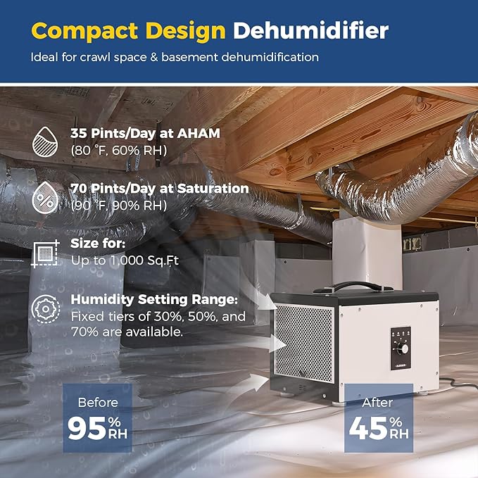 ALORAIR 70 PPD Crawl Space Dehumidifier, Crawlspace Dehumidifiers Commercial Dehu for Home and Basements, Compact, Portable, Auto Defrost, Memory Starting, cETL