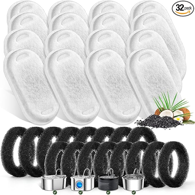 Cat Water Fountain Filters for Stainless Steel 67oz/2L Adjustable Water Flow Pet Fountain, 16 Pack Pet Replacement Filters with 16 Sponges