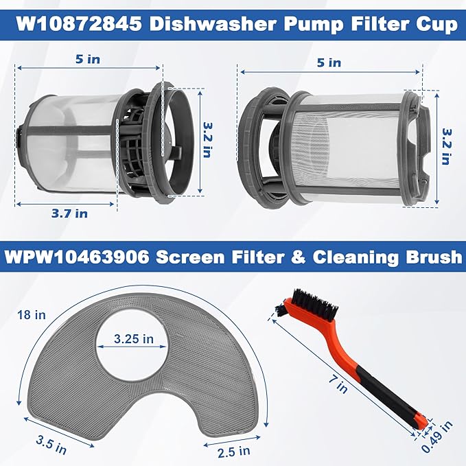 BigHead W10872845 Dishwasher Pump Filter Cup & WPW10463906 Screen Filter with Red Cleaning Brush Compatible with Whirlpool Kenmore KitchenAid Amana - Replaces AP6030094 PS11759673 AP6021820 PS11755148