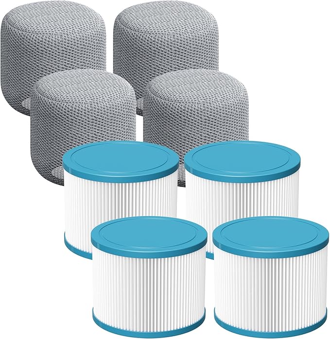 Hot Tub Filter Compatible with All RELX Hot Tub, Pool Filters, Spa Filter Replacement, Filter Cartridges for Inflatable Hot Tubs Filtration, 4 Filter + 4 Filter Covers