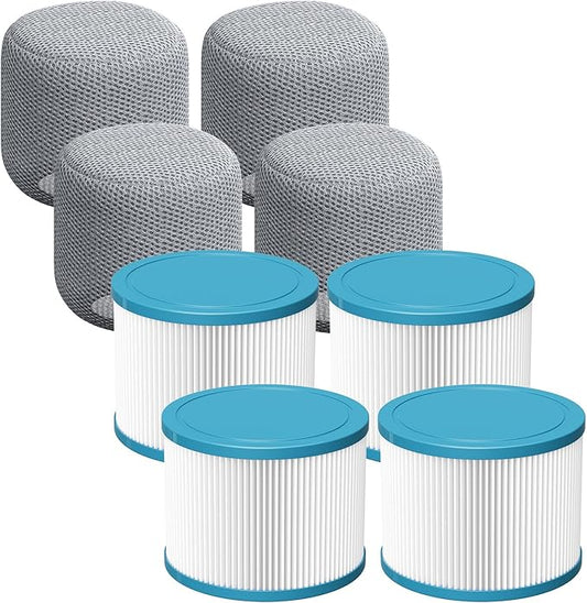 Hot Tub Filter Compatible with All RELX Hot Tub, Pool Filters, Spa Filter Replacement, Filter Cartridges for Inflatable Hot Tubs Filtration, 4 Filter + 4 Filter Covers