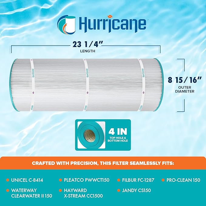 Hurricane Filters HF8414-01 Advanced Pool Filter Cartridge - Replacement for PWWCT150, Unicel C-8414, Filbur FC-1287, Waterway Clearwater II 150, Pro-Clean 150, Hayward X-Stream CC1500