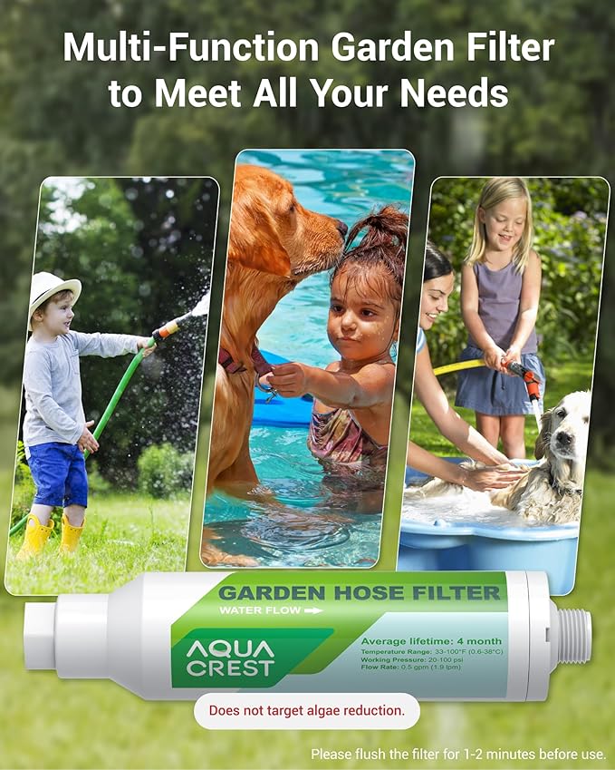 AQUA CREST Garden Hose Water Filter for Plants, Greatly Reduces Chlorine, Odor, Improve Plants Health, Ideal for Organic Gardening, Farming and Pets, 6 Pack with 2 Hose Protector