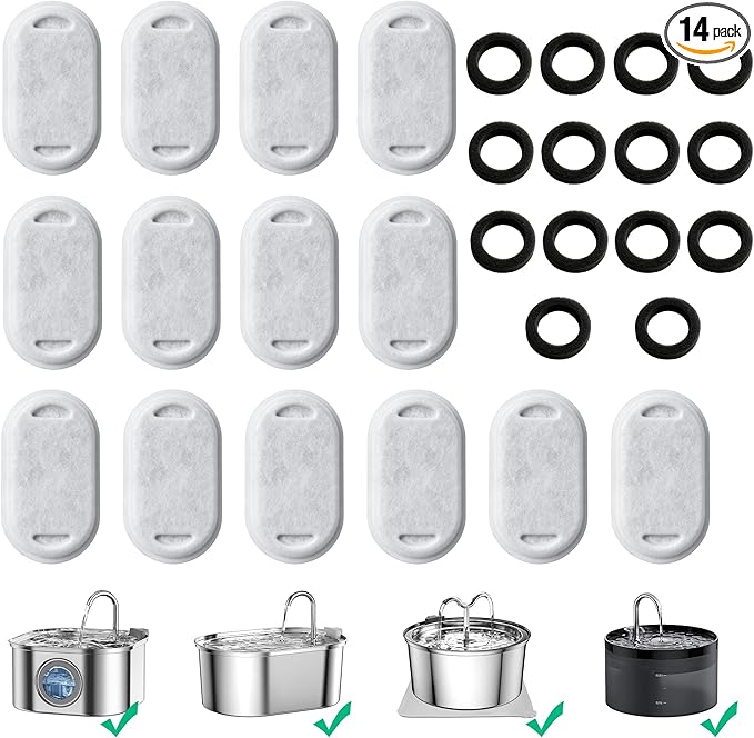 Cat Water Fountain Replacement Filters - 28 Pack Triple Action With Carbon Filter and Pre-Filter Sponges (14 Filters & 14 Sponges) for Pet Water Fountains