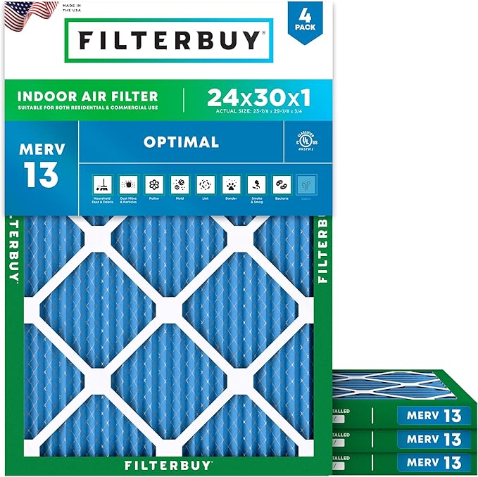 Filterbuy 24x30x1 Air Filter MERV 13 Optimal Smoke & Allergy Defense (4-Pack), Electrostatic Pleated HVAC AC Furnace Filters Replacement, Made in USA (Actual Size: 23.88 x 29.88 x 0.75)