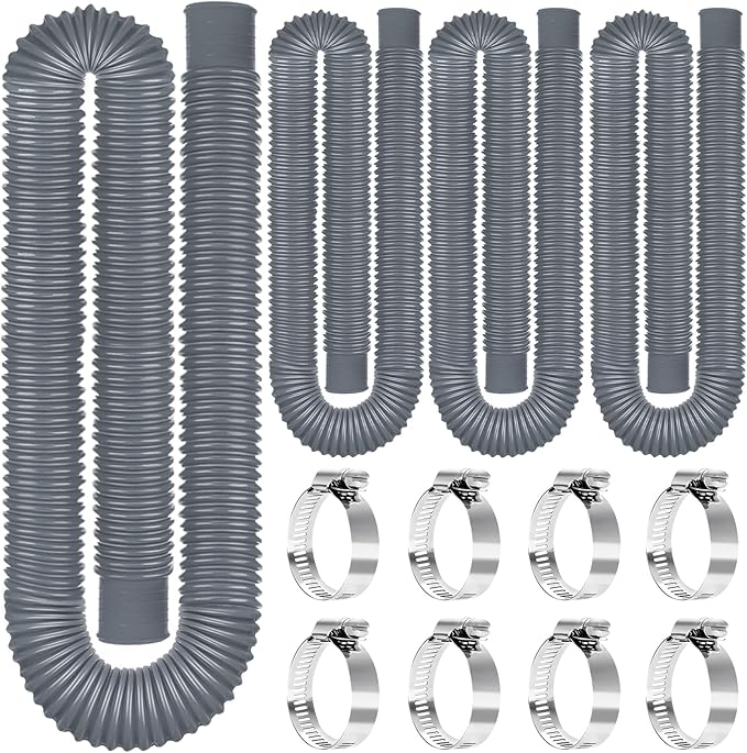 Replacement Pool Hoses for Above Ground Pools 1 1/4, 59"" Long Filter Pump Hose, 4 Pack Pool Pump Hose with 8 Metal Clamps (Grey), Gray