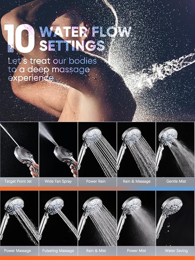 Pavezo® High Pressure Handheld Shower Head with Filter, ON/OFF Switch Pause Button, 10-mode Shower Head with Hard Water Softener Filters, SS Hose, Anti-clog & Powerful to Clean Tile & Pets, Black