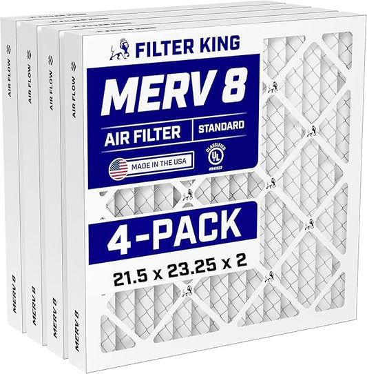 Filter King 21.5x23.25x2 Air Filter (MERV 8) (4-Pack) Dust & Allergy Control AC Furnace Filters, MADE IN USA, HVAC, Pleated, Electrostatic (Actual Size: 21.5 x 23.25 x 1.75)