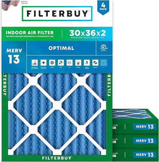 Filterbuy 30x36x2 Air Filter MERV 13 Optimal Smoke & Allergy Defense (4-Pack), Electrostatic Pleated HVAC AC Furnace Filters Replacement, Made in USA (Actual Size: 29.81 x 35.81 x 1.75)
