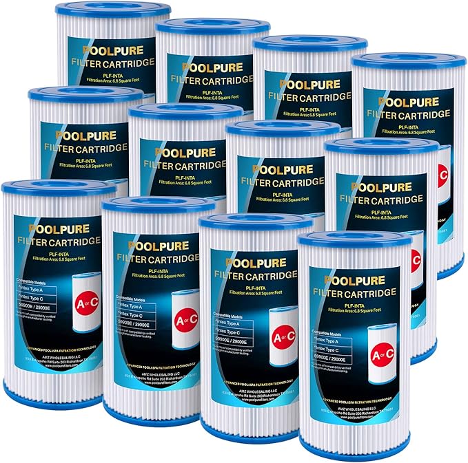 POOLPURE Type A or C/III Pool Filter Replaces Intex 29000E/59900E/#29003E, 1000/1500/530 GPH Filter Pump, C-4607, Funcicle, Easy Set, Summer Waves Above Ground Pools, Reusable Easy to Clean, 12Pack
