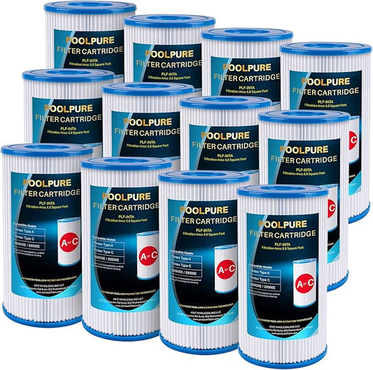 POOLPURE Type A or C/III Pool Filter Replaces Intex 29000E/59900E/#29003E, 1000/1500/530 GPH Filter Pump, C-4607, Funcicle, Easy Set, Summer Waves Above Ground Pools, Reusable Easy to Clean, 12Pack