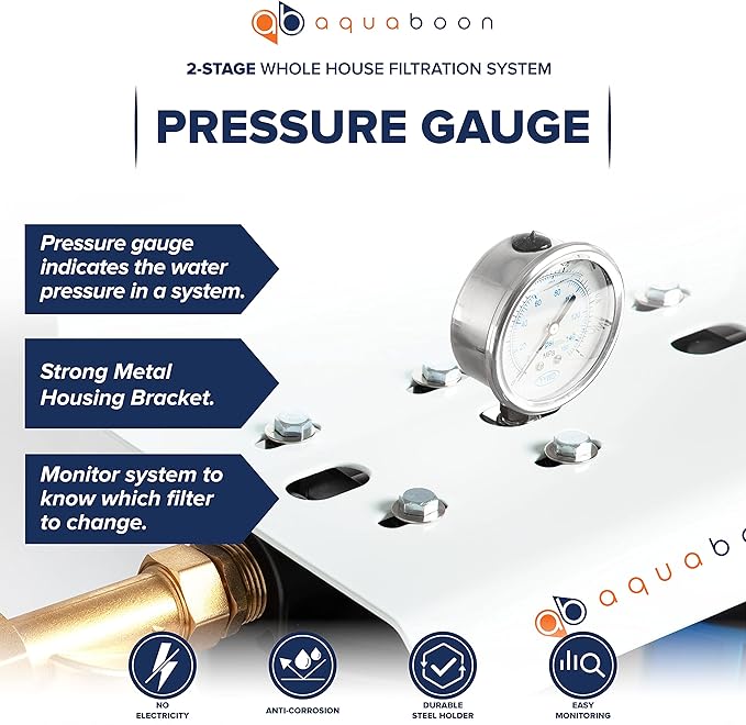 2-Stage Whole Home Water Filtering System Chlorine & Sediment Reducing, 20x4.5 GAC & Sediment Filters Included with Gauge & Release, Wrench, Bracket